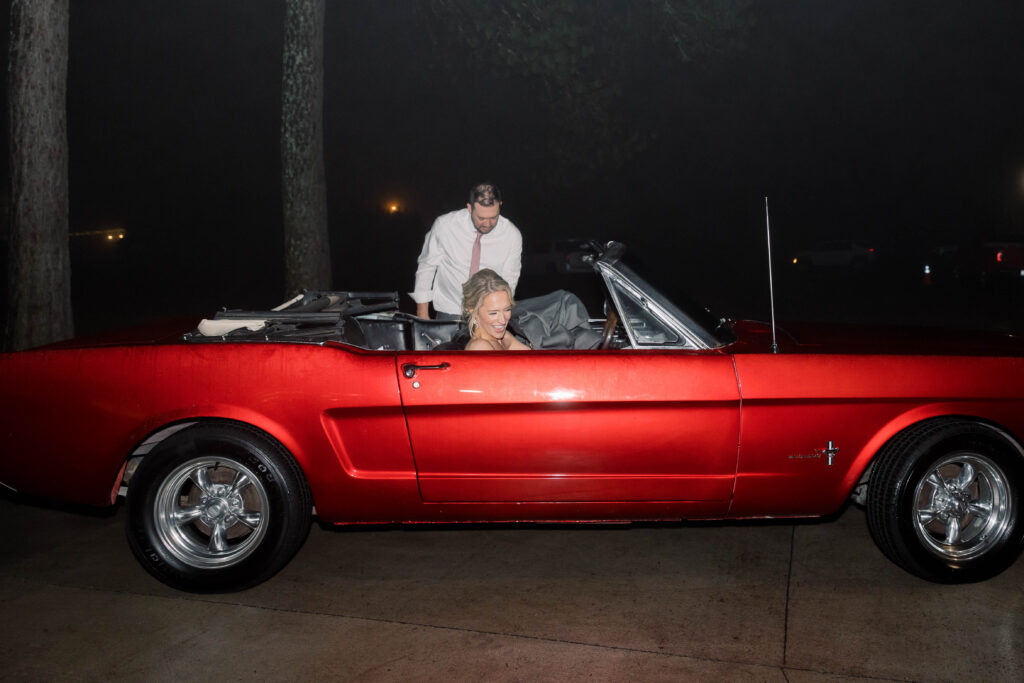 heron hill wedding | classic red mustang with bride and groom