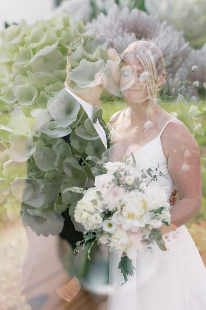 fine art wedding photographer double exposure of florals with a bridal couple