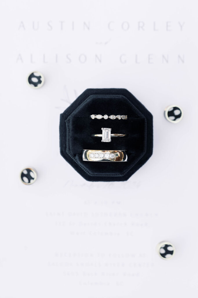 fine art wedding photographer flat lay with black ring box