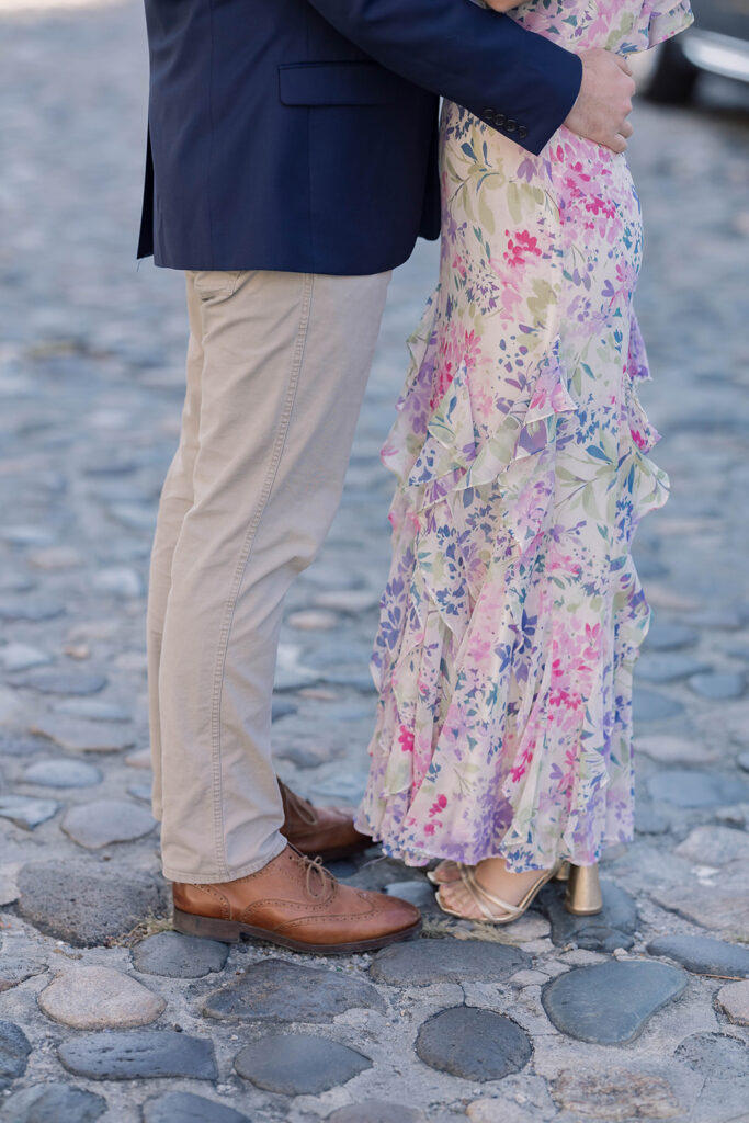 Charleston SC engagement photos | couples shoes on cobblestone chalmers street