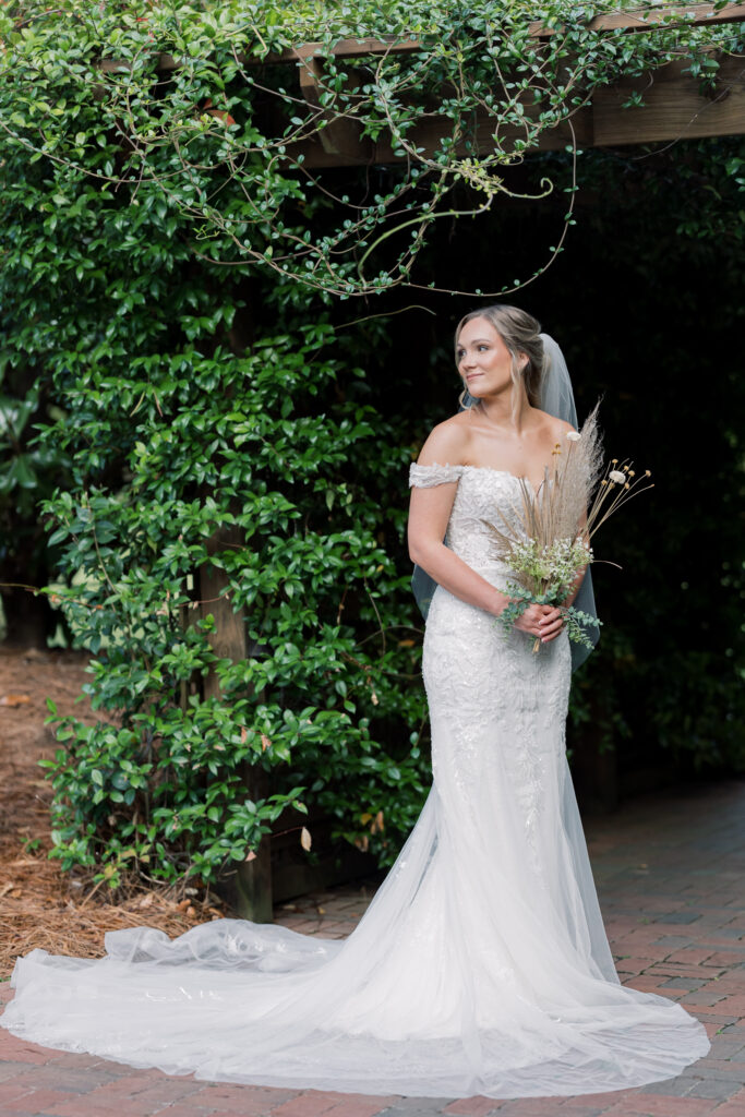 Bridal Portraits | bride holding veil under canopy of vines at southern oaks wedding venue