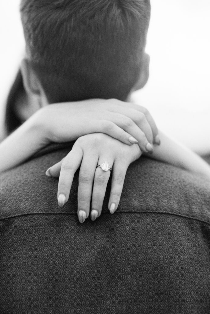 Film Photographer | Black and white image of hands with an engagement ring in Columbia South Carolina.