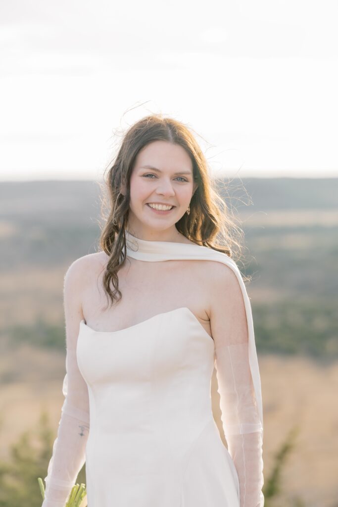 Bridal Portraits | Bride on wedding day looking at the camera. Elopement at Contigo Ranch in Fredericksburg Texas.