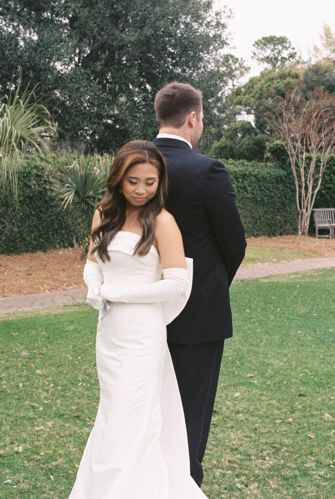 Film Photographers | Couple have first look at wedding. Photographed on Fujifilm 400.