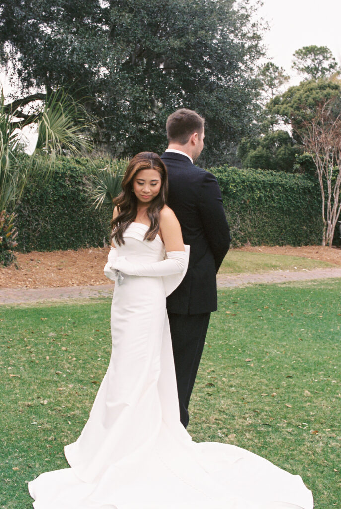 Film Photographers | First look wedding couple in Charleston SC.