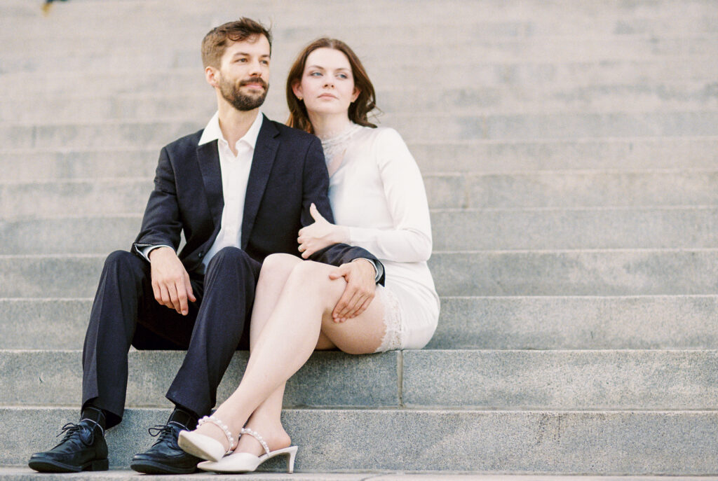 Film Photography | Couple looking out during engagement session in Columbia, South Carolina. Photographed in 35mm color film.