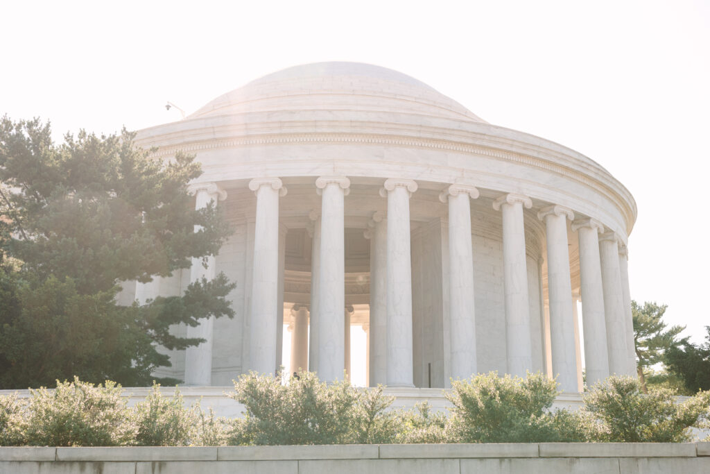 DC Engagement Photographer | Engagement session in Washington, DC | Beautiful light shining through Thomas Jefferson Memorial