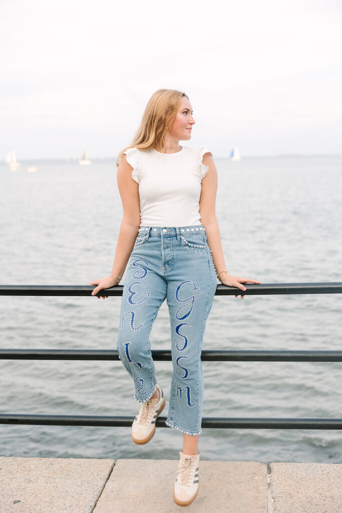 Charleston Senior Pictures | Senior Session in Charleston SC | Senior portraits by the waterfront of girl in jeans