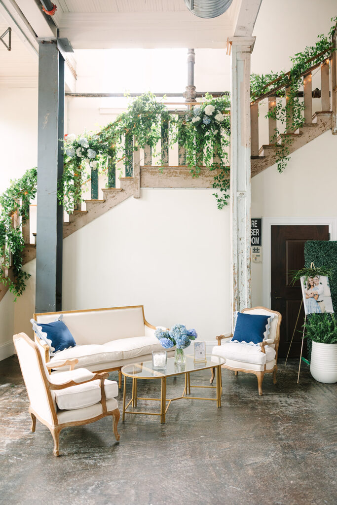 Columbia South Carolina Photographer | 701 Whaley Wedding|  party reflections rented furniture below the staircase