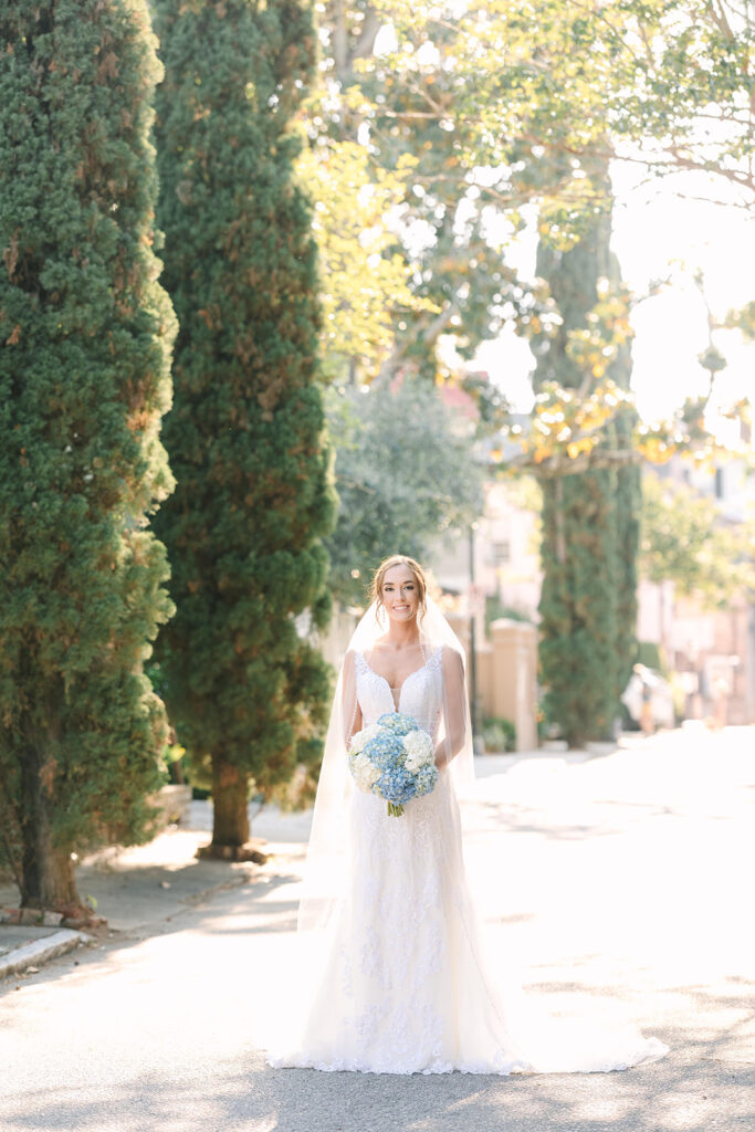 Charleston bridal portrait locations | bride standing under tall trees in golden hour