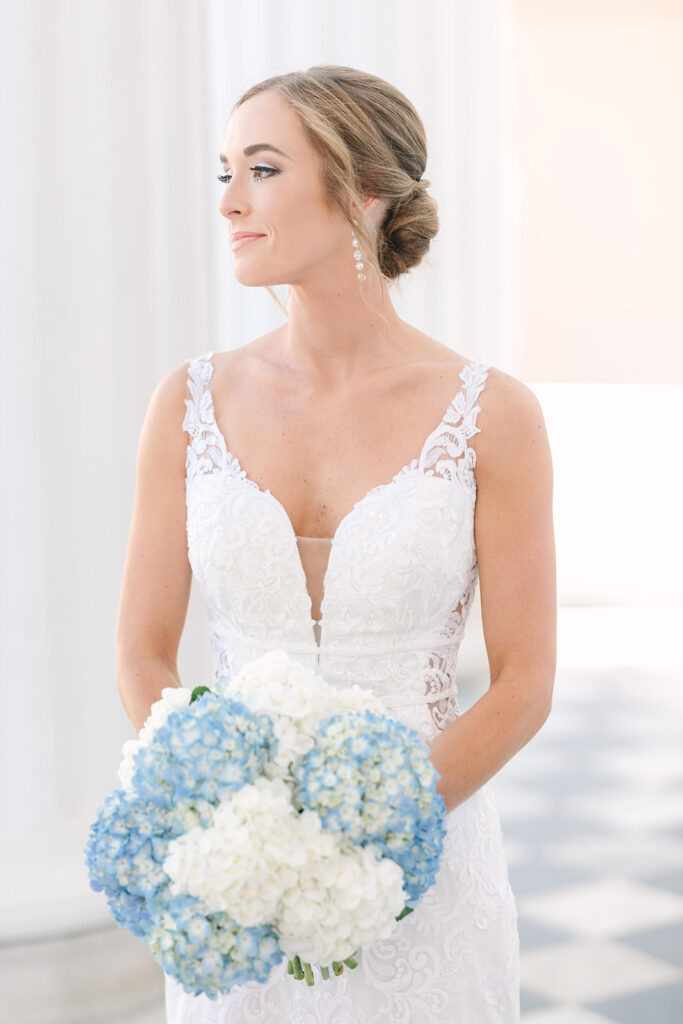 Bridal portraits in Charleston | Bride in dress with hydrangeas