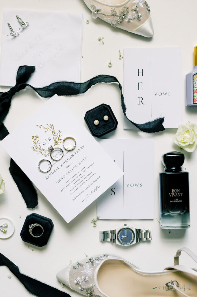 Heron Hill Wedding Venue | Gilbert SC | Chad and Kendall's wedding | Wedding invitation suite with jewelry, invitation, shoes, rings and perfume