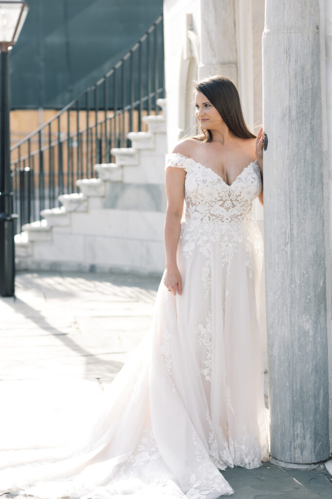 Bridal Portrait | Bride in charleston SC | Bride looking out at the street