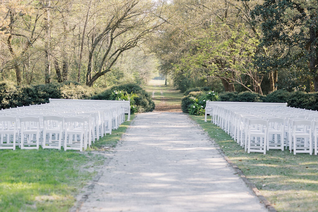 A tree-lined drive framed with white ceremony chairs leads guests toward the celebration, capturing the romantic grounds of Wavering Place Plantation near Columbia, SC.