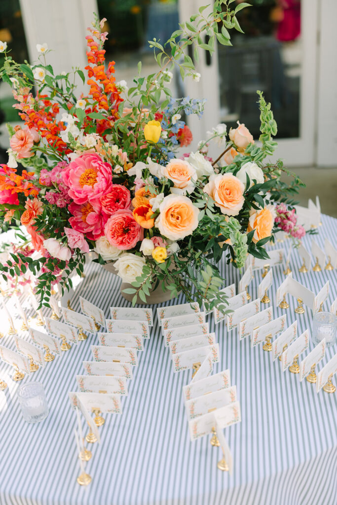 Vibrant coral, peach, and red florals frame an elegant escort-card display, showcasing bold color trends for wedding venues in Columbia SC.