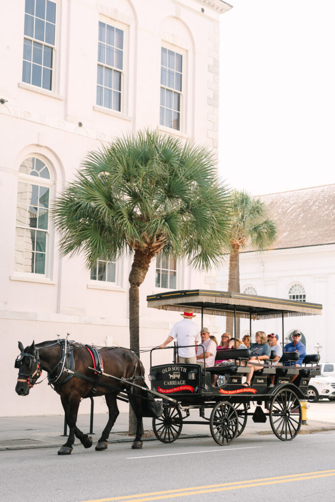 Horse-drawn carriage passes a white historic building and palm trees, capturing the distinctive streetscape surrounding wedding venues in Charleston, SC.